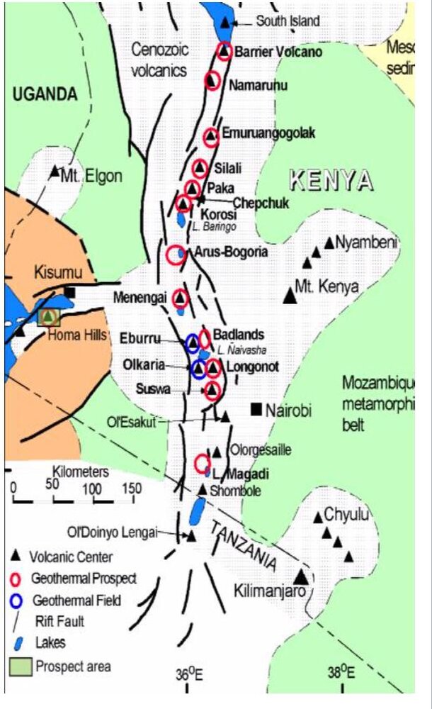 Map of geothermal prospects along the Kenyan rift, with Homa Hills marked in western Kenya